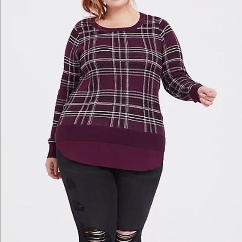 Torrid Burgundy Plaid Mixed Media Layered‎ Sweater Top Purple Womens Size 5 5X